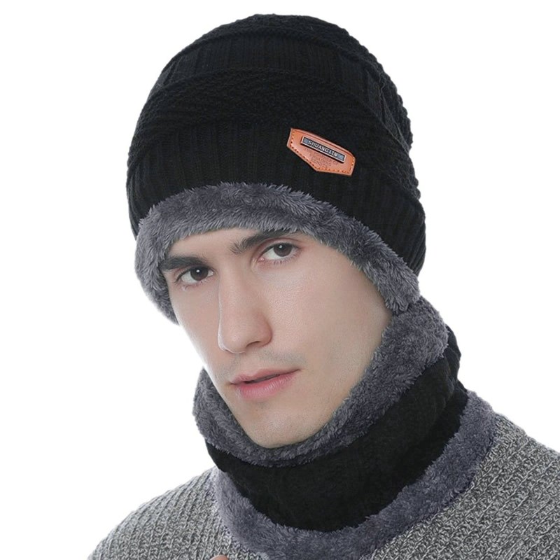 Шапка 2pcs men Winter warm Beanie Casual Thicken hat and Scarf Knit Windproof cap