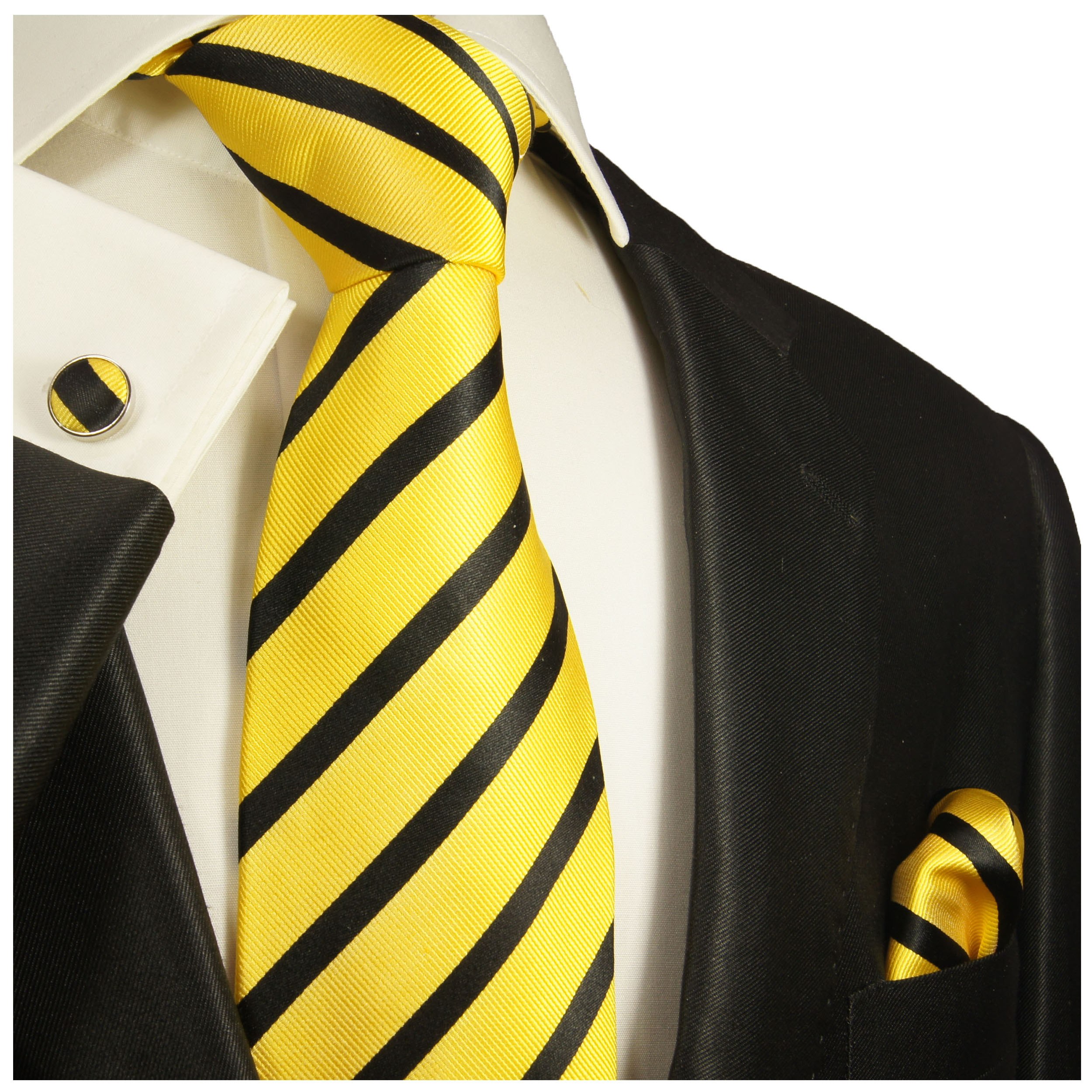 Черный костюм с желтым галстуком