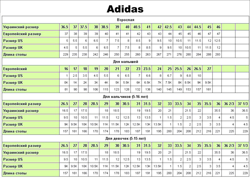 Размерная таблица детских бутс adidas