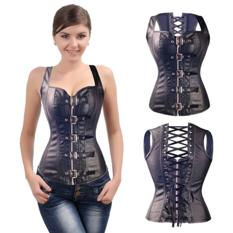 Женщины Faux кожа Steampunk корсет Top Punk