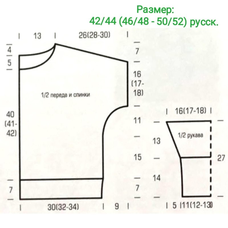 Выкройка спущенного рукава для вязания спицами