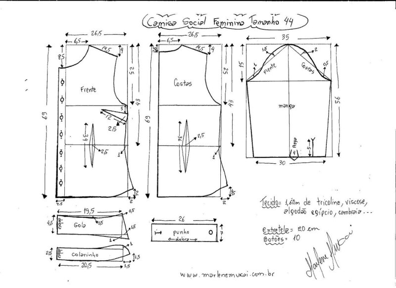 Выкройка женской рубашки с длинным рукавом 44 размер