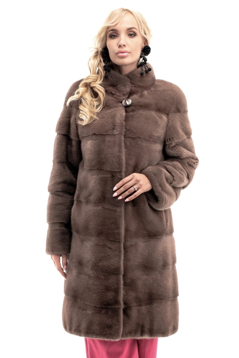 Норковая шуба поперечка воротник стойка капучино