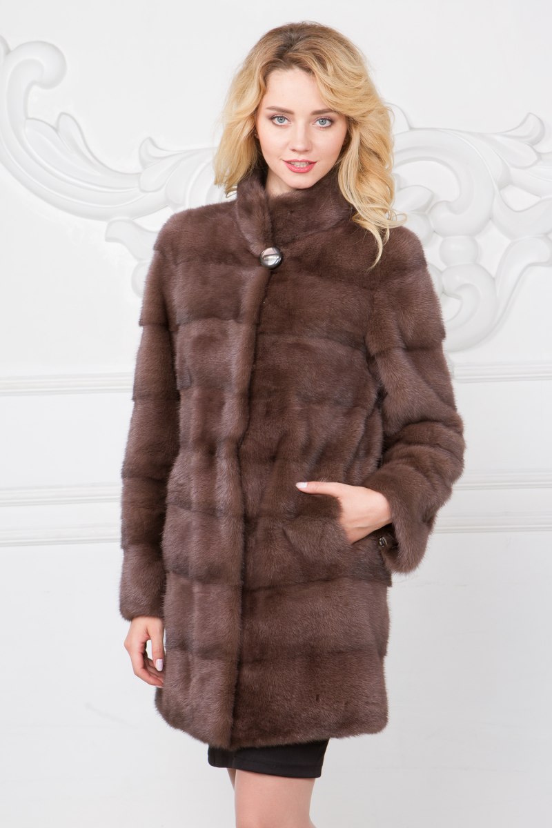 Норковая шуба поперечка воротник стойка капучино