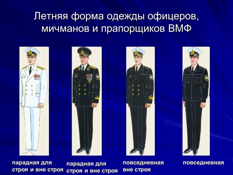 Летняя форма одежды офицеров, мичманов и прапорщиков ВМФ России