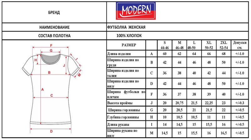 Таблица размеров футболок для женщин