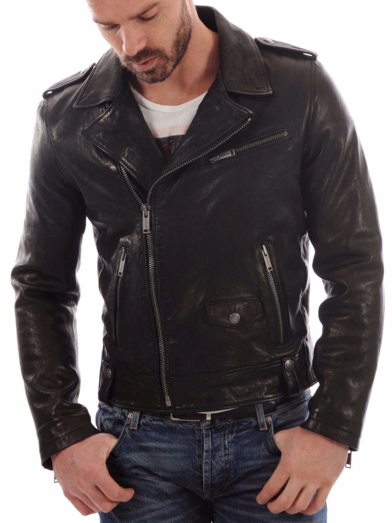 New men Genuine Lambskin Leather Jacket Black Slim Fit Biker Motorcycle Jacket