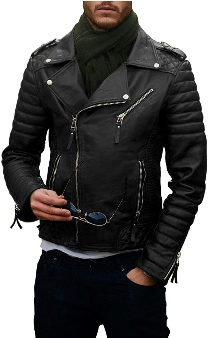 New men Genuine Lambskin Leather Jacket Black Slim Fit Biker Motorcycle Jacket