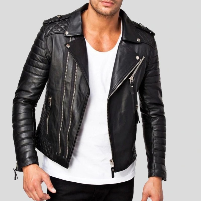 Кожаная куртка men's Diamond Quilted Biker Black Leather Jacket