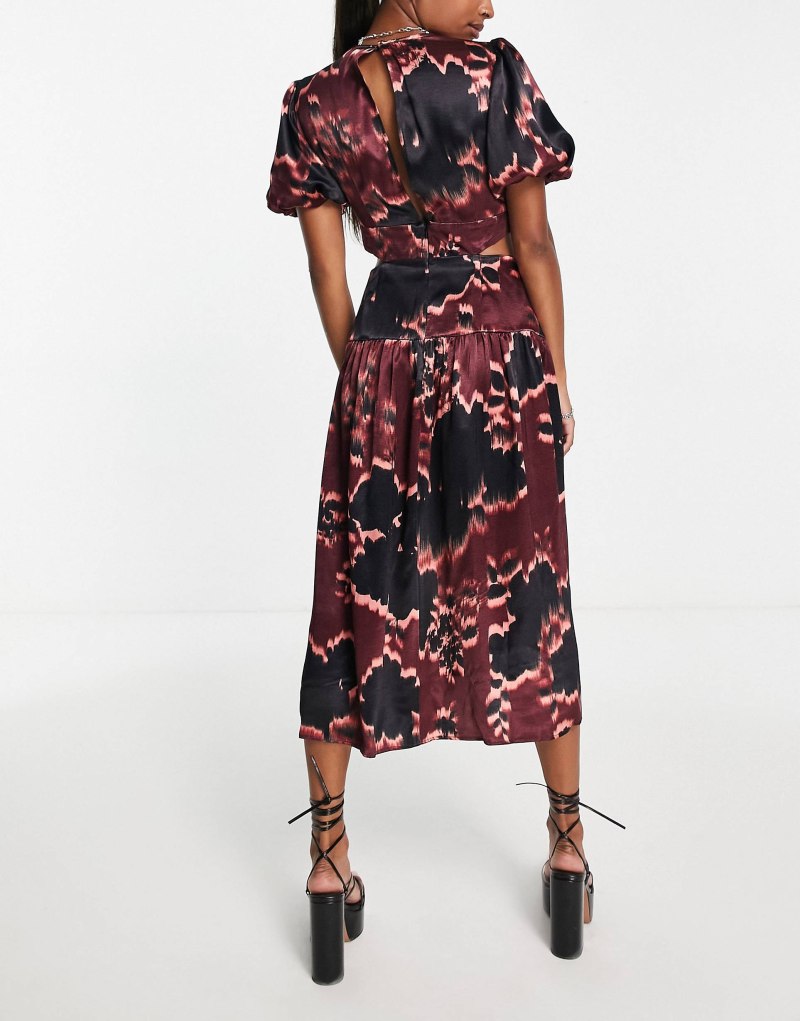 Black Floral spot Regular Printed v Neck button Front Midi Dress p96-330