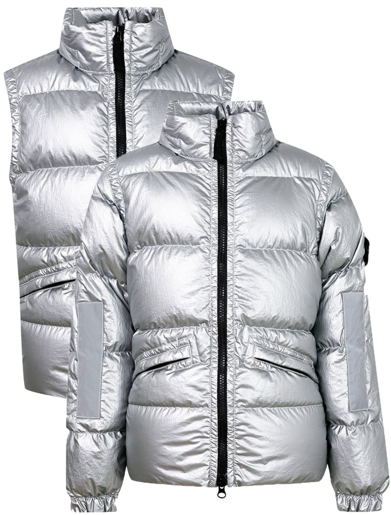 Серебристый пуховик Stone Island