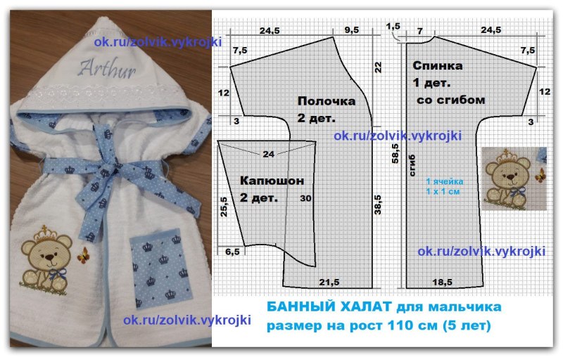 Выкройка халата с капюшоном для мальчика 110-116