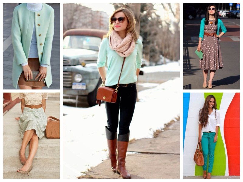 Сочетание мятного цвета с коричневым в одежде