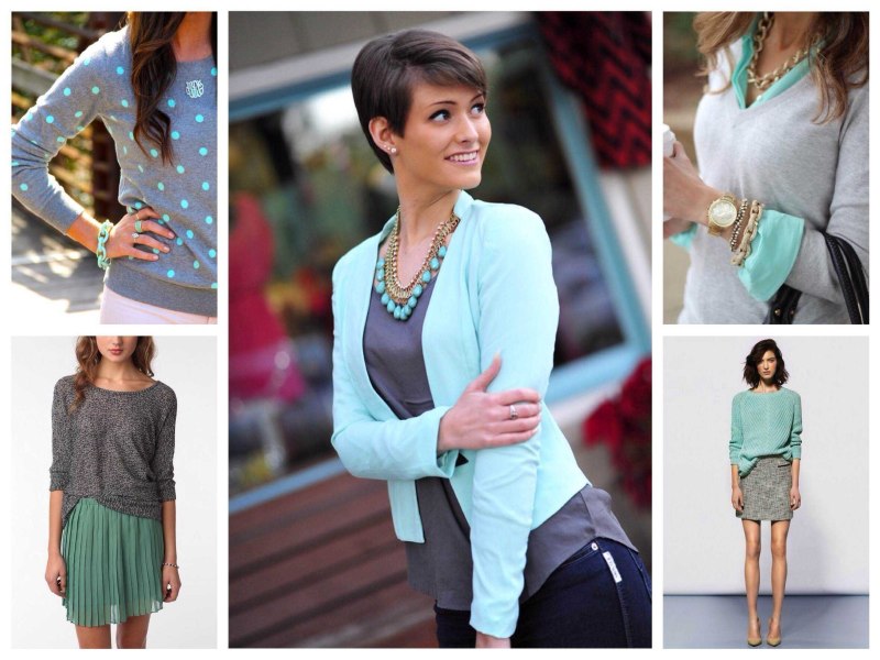 Сочетание мятного и серого цвета в одежде