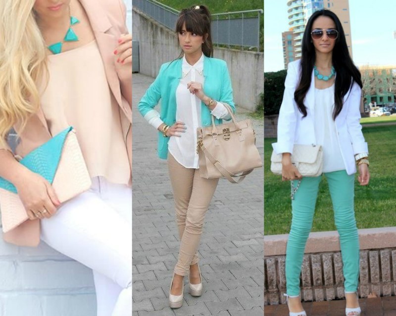 Бежевый с бирюзовым в одежде