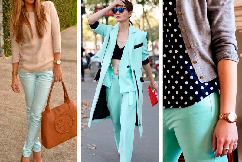 Сочетание мятного и серого в одежде