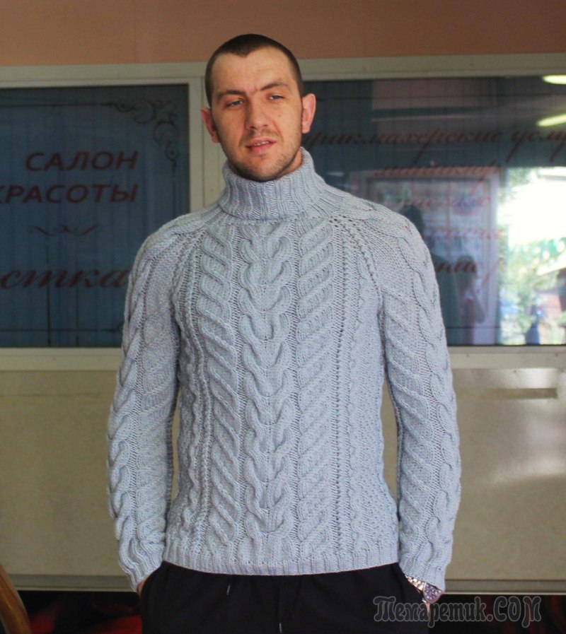 Мужской свитер реглан сверху спицами
