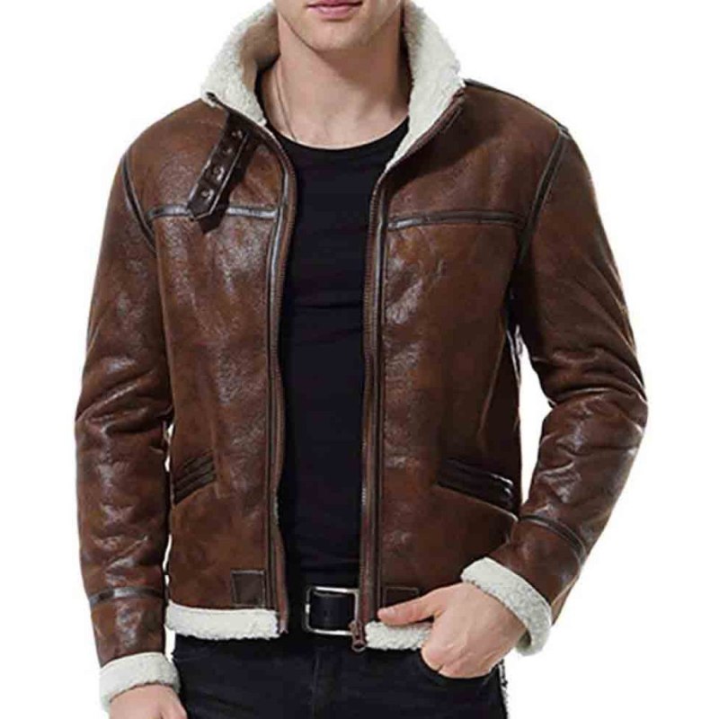 Mens Leather fur Collar куртка коричневая