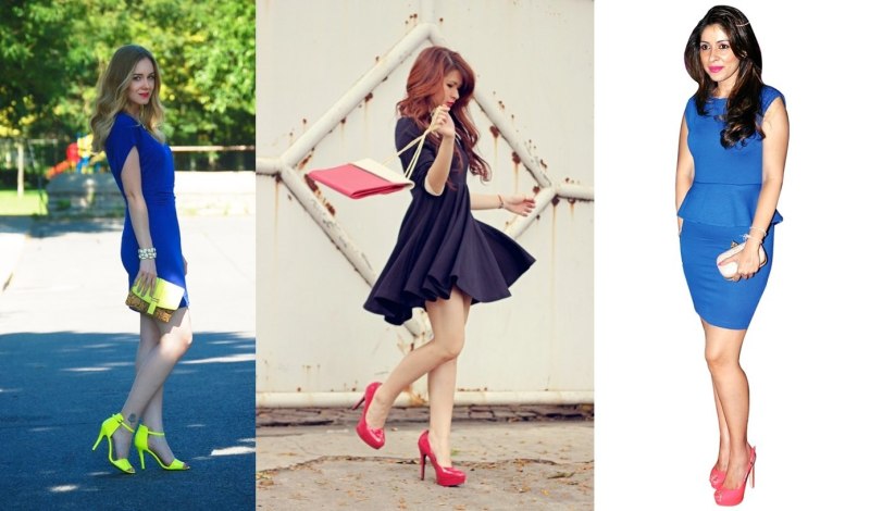 Синее платье с розовыми туфлями